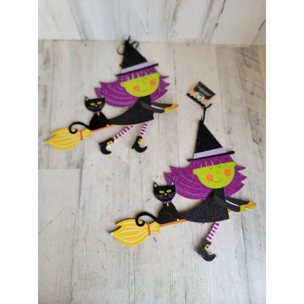 Glitter witch broom set cat AS IS Halloween sign hanging decor‎